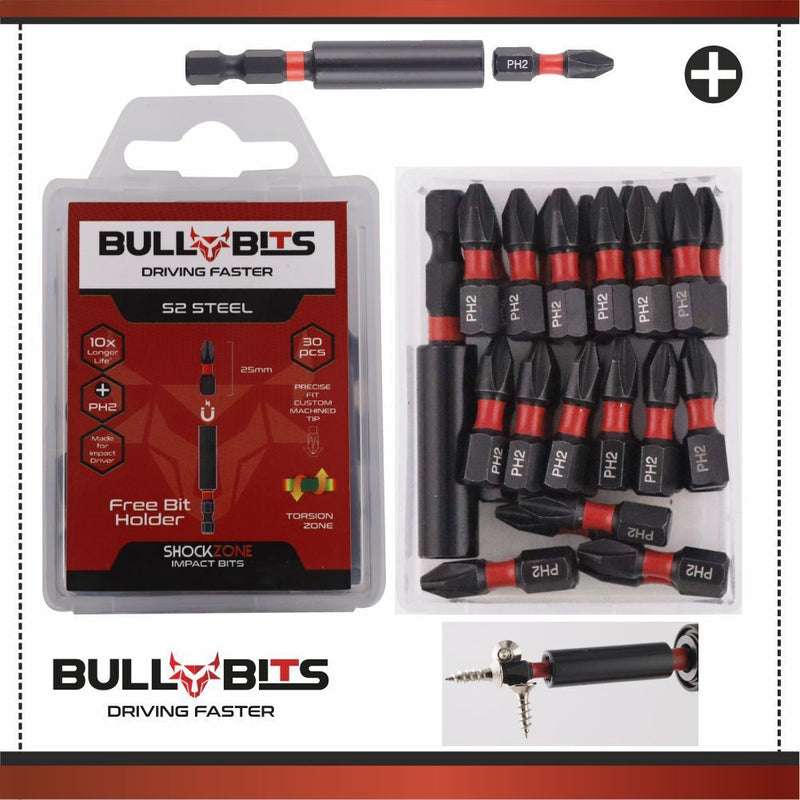 Bull Bits PH2 25mm Impact Duty Screwdriver Drill Driver Bits Set + Free Bit Holder S2 Steel