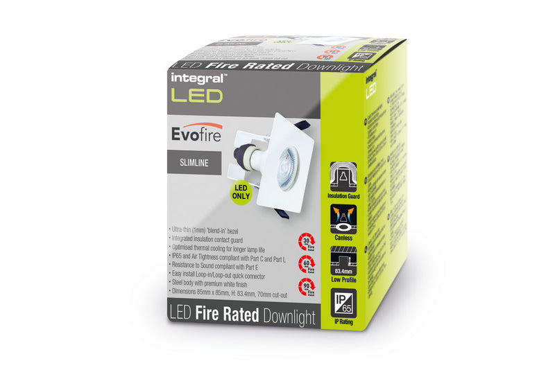 EVOFIRE FIRE RATED DOWNLIGHT 70MM CUTOUT IP65 WHITE SQUARE +GU10 HOLDER & INSULATION GUARD