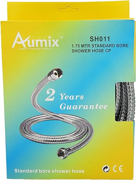 Aumix 1.75 Metres Long Replacement Shower Hose Standard Bore Stainless Steel Anti-Kink Double Lock Chrome Plated