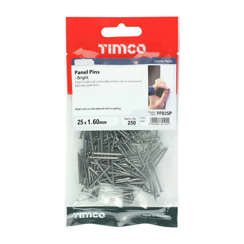 Panel Pins - Bright - 25 x 1.60 - 250 Pieces
