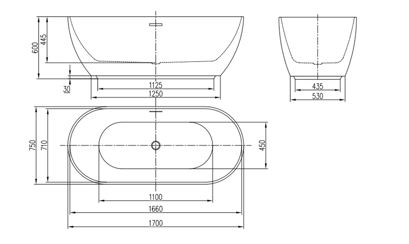 1700 Freestanding Curved Bath - Double Ended with Chrome Waste