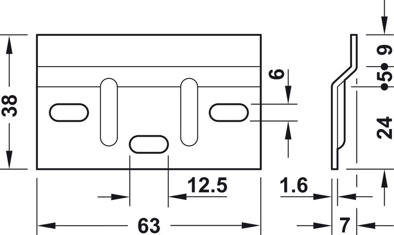Wall Plate, for Cabinet Hanger, Length 63 mm For screw fixing, Plate thickness 1.6 mm