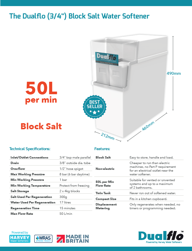 Dualflo Water Softener Block Salt Non Electric Plus Full Bore Installation Kit