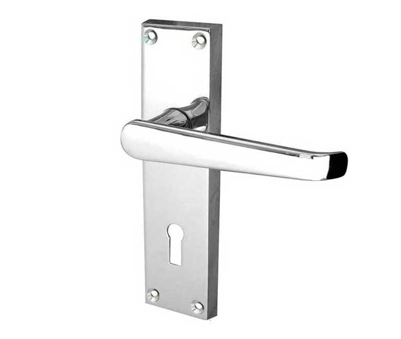 Victorian Straight Door Handle on Lock Plate Polished Chrome