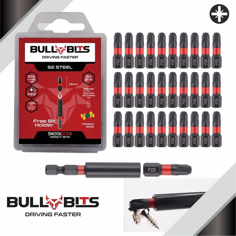 Bull Bits PZ3 25mm Impact Duty Screwdriver Drill Driver Bits Set + Free Bit Holder S2 Steel