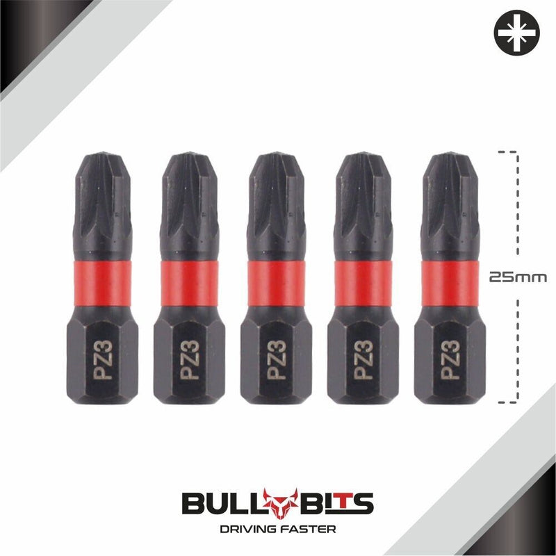 Bull Bits PZ3 25mm Impact Duty Screwdriver Drill Driver Bits Set + Free Bit Holder S2 Steel