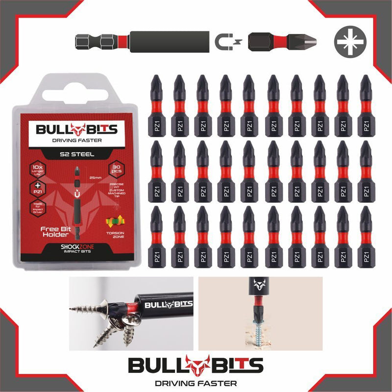 Bull Bits PZ1 25mm Impact Duty Screwdriver Drill Driver Bits Set + Free Bit Holder S2 Steel
