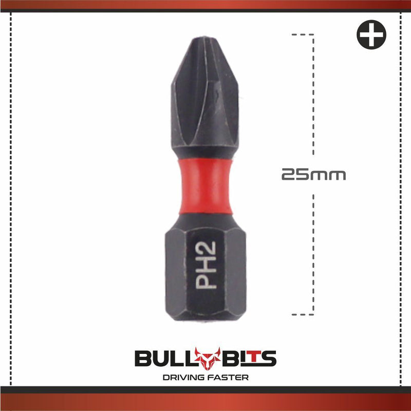 Bull Bits PH2 25mm Impact Duty Screwdriver Drill Driver Bits Set + Free Bit Holder S2 Steel