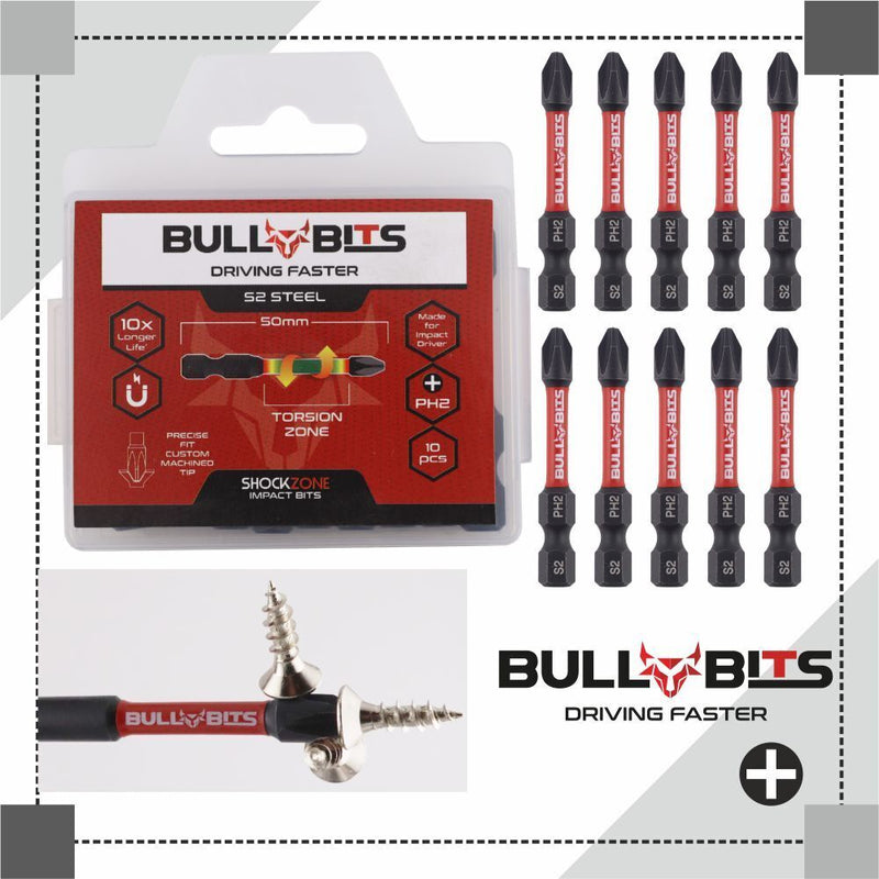 Bull Bits PH2 50mm Impact Duty Screwdriver Drill Driver Bits Set