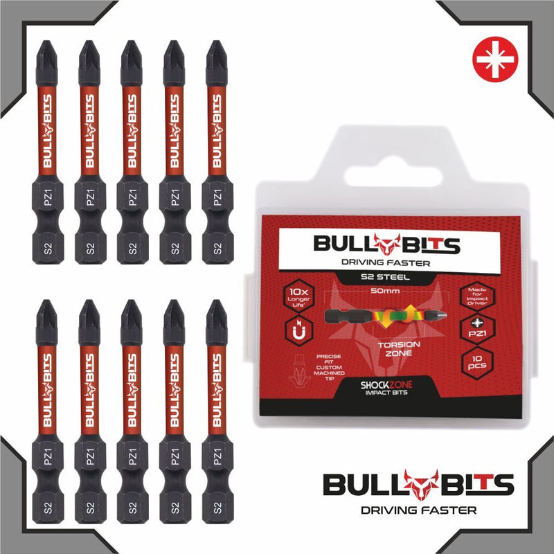 Bull Bits PZ1 50mm Impact Duty Screwdriver Drill Driver Bits Set