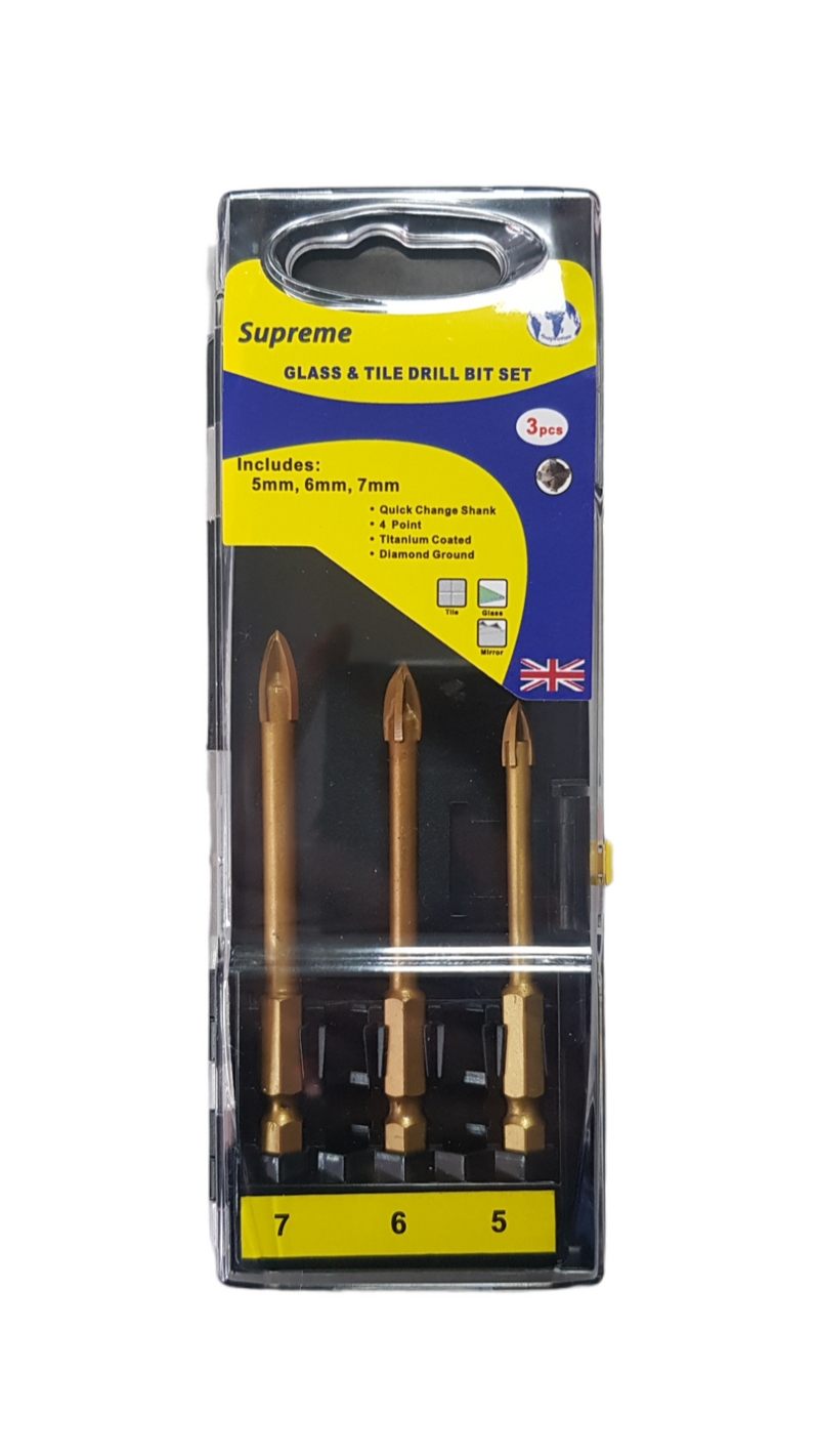 SUPREME FOUR POINTED GLASS AND TILE DRILL BIT SET 5 6 7MM