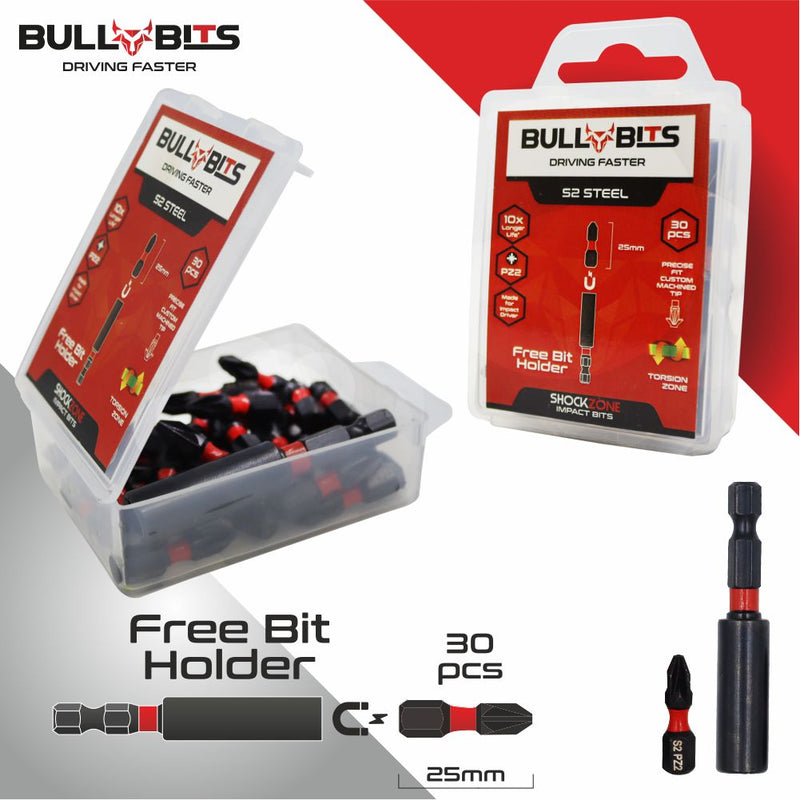 Bull Bits PZ2 25mm Impact Duty Screwdriver Drill Driver Bits Set + Free Bit Holder S2 Steel