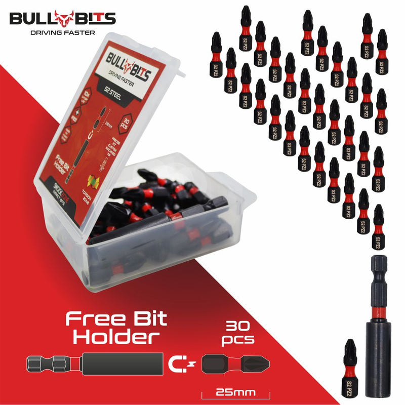 Bull Bits PZ2 25mm Impact Duty Screwdriver Drill Driver Bits Set + Free Bit Holder S2 Steel
