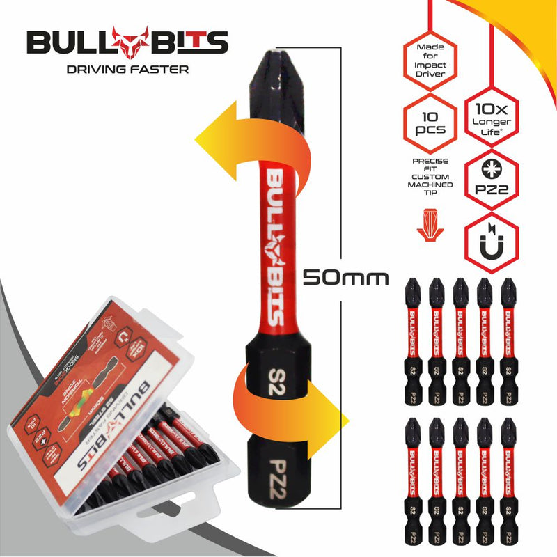 Bull Bits PZ2 50mm Impact Duty Screwdriver Drill Driver Bits Set