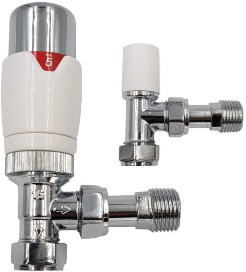 15mm Thermostatic Classic Angle TRV Chrome White Radiator Valves + Loc