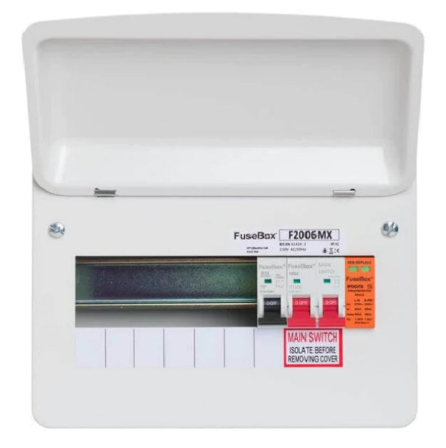 FuseBox 10 Module 6 Way Consumer Unit + 100A Main Switch, T2 SPD