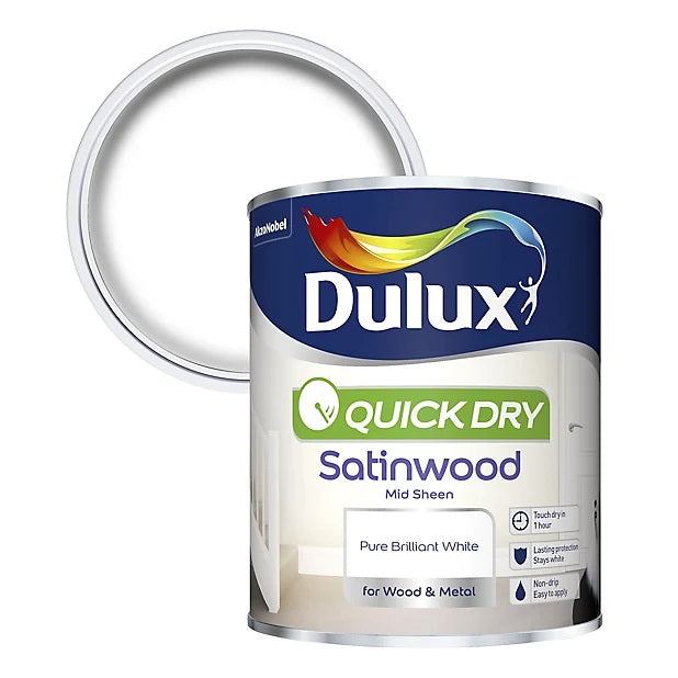 Dulux Quick dry Pure brilliant white Satinwood Metal & wood paint 750ml